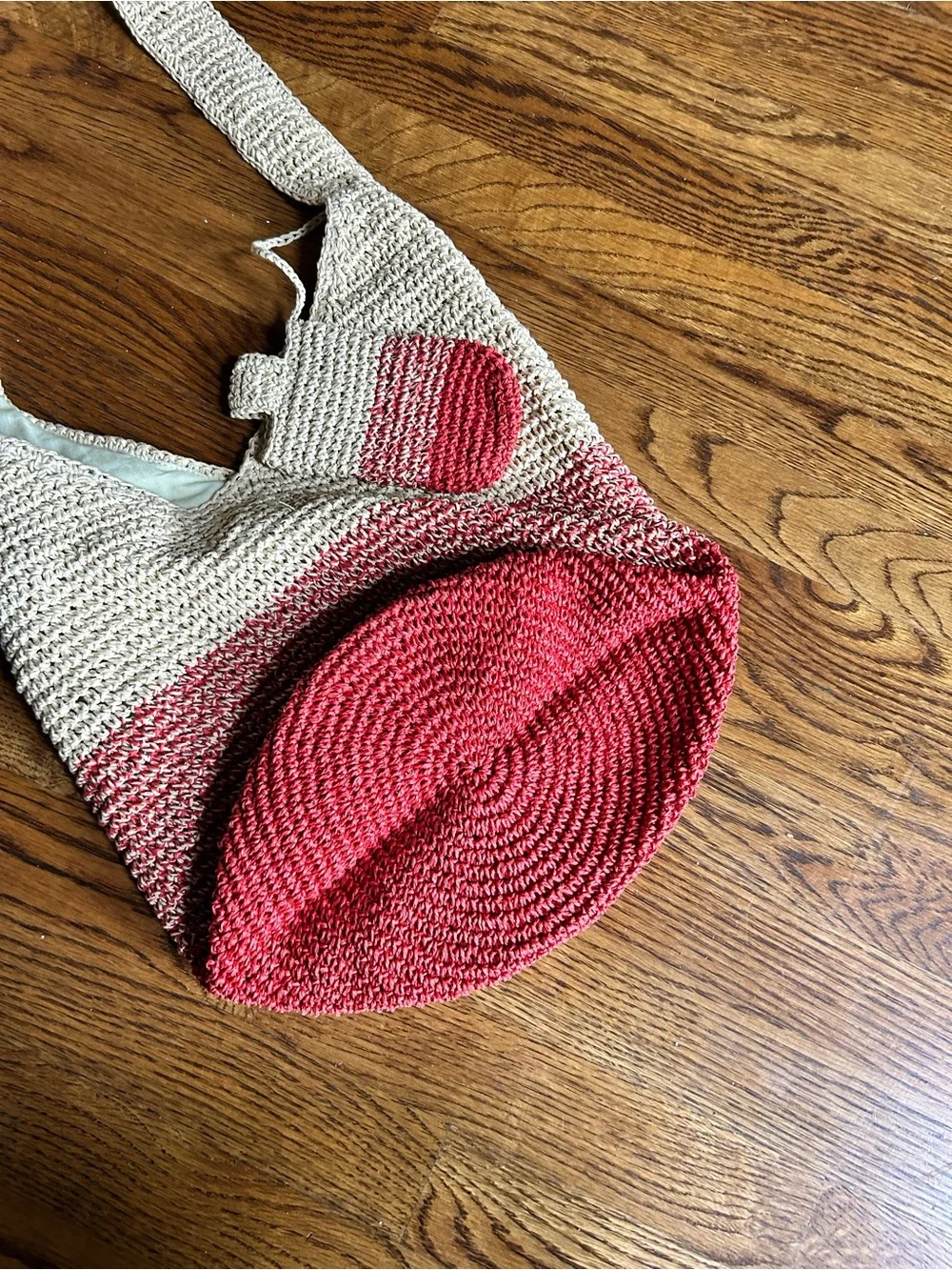 Handwoven Crochet Hobo Bag with Matching Attachable Pouch Beige & Red